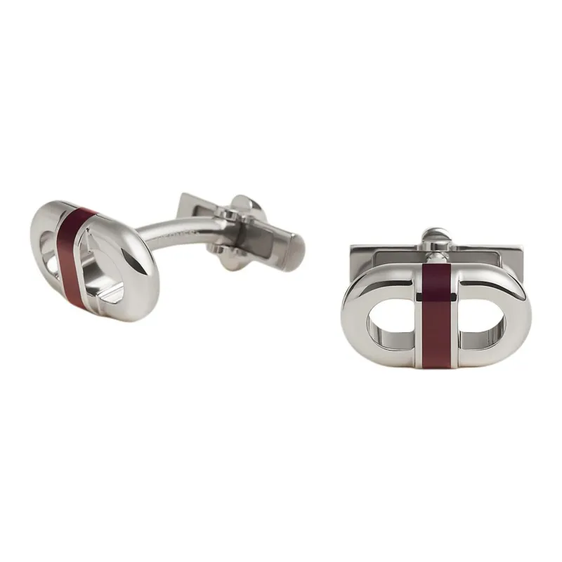 HERMES Palladium Plated Cufflinks Men's Silver/Red-0