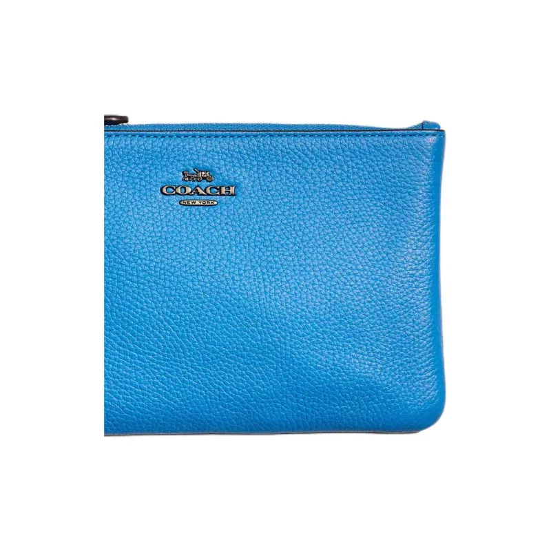COACH Wristlet Polished Pebbled Leather Clutch Small Size Women's Asphalt Gray With Bright Blue Accents-2