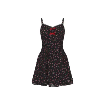 CHIWAWAMEME Slip Dresses Women's Red Black Small Wild Berry Floral