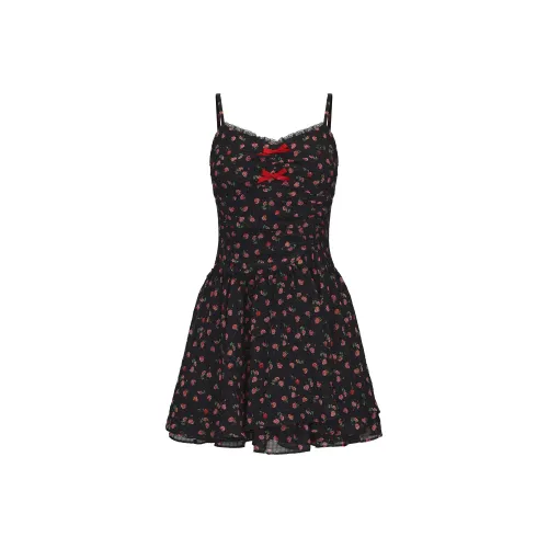 CHIWAWAMEME Slip Dresses Women's Red Black Small Wild Berry Floral
