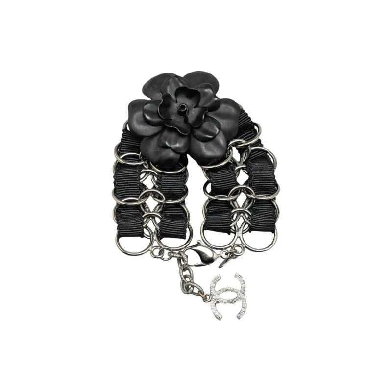 CHANEL 2009 Nylon Resin Camellia Chain Ribbon Bracelet Costume Bracelet-0