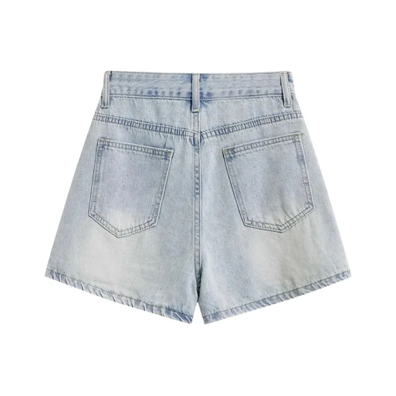 Alxnan Denim Shorts Women's Light Blue Culottes-1