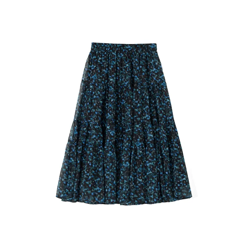 SOON FLOWER Casual Long Skirt Women's Black Sole Blue Floral-1