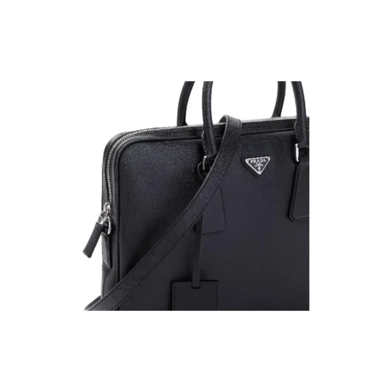 PRADA Cow Leather Briefcase Men's Black-3