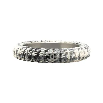 CHANEL 2009 Cc Silver And Tweed Narrow Bangle Costume Bracelet