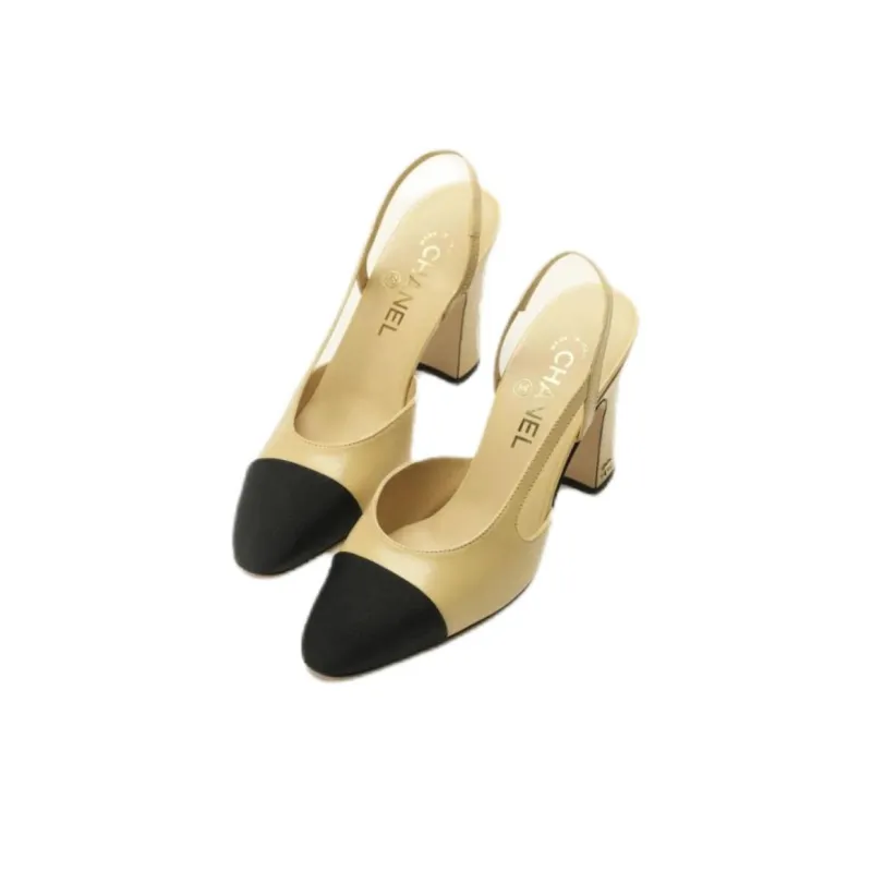 CHANEL 25A Chunky Heel High Heels 9cm Women's Beige-2