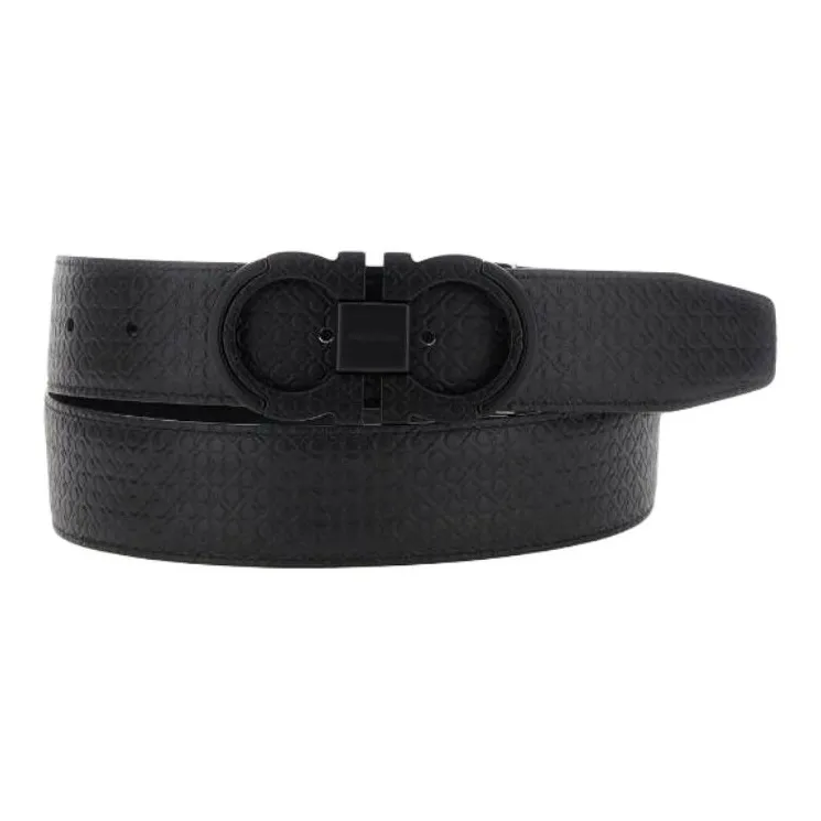 FERRAGAMO Calfskin Leather Belts Unisex Black Width 3.5 Cm-2