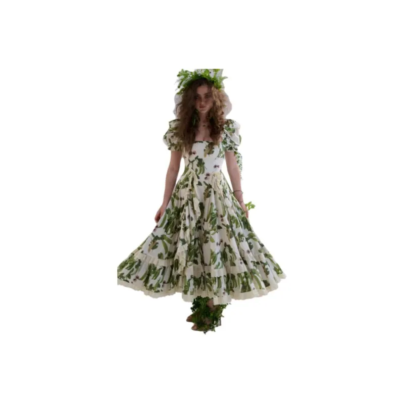 Selkie Collection SS25 Short Sleeved Dress Women's Ivory White Base With Magic Bean Print-3