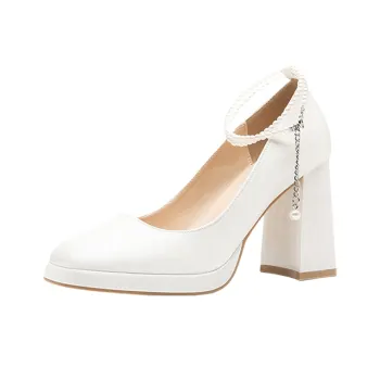 BIGTREE Chunky Heel High Heels Women's White