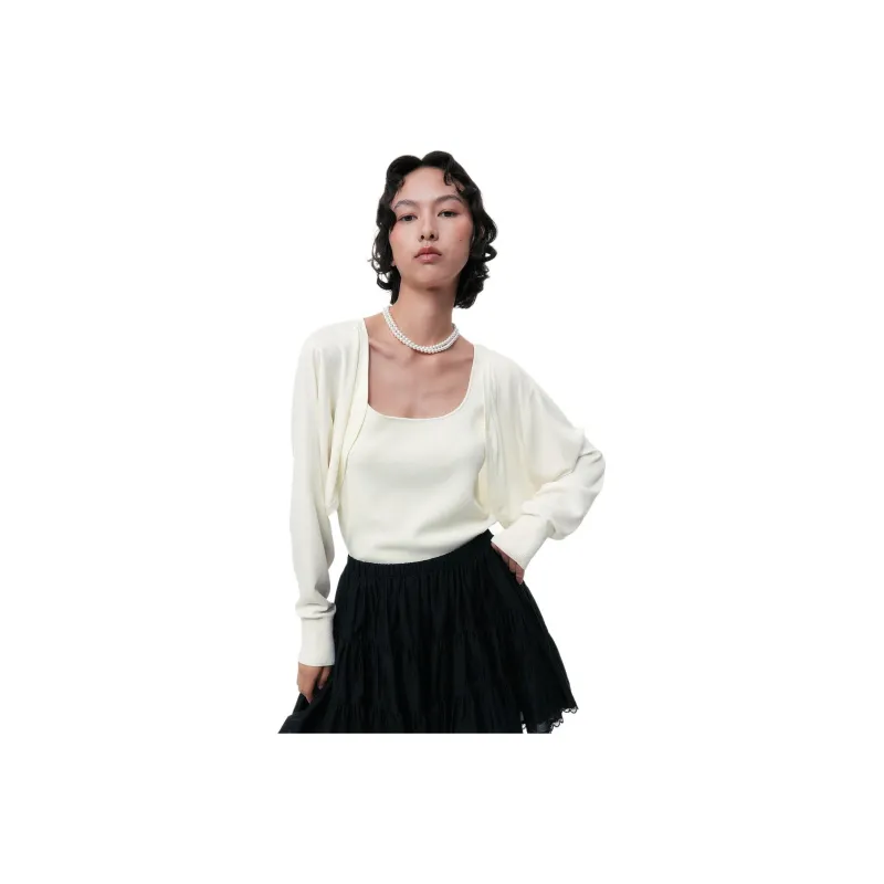 TAMMY TANGS Knitwear Women's White H Line Batwing Silhouette Design, Curved Bead Yarn Fabric-0