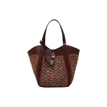 AMANI Cow Leather With Linen Windmill Woven Tote Bag, Shopping Bag, Shoulder Bag, Handbag Medium Size Women's Brown