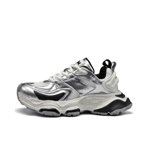 PAIBLOKS Shock Absorbers With Slip Resistant And Abrasion Resistant Properties Low Top Chunky Sneakers Men's Silver