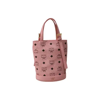 MCM Aren Visetos Leather Bucket Bag, One Shoulder Handbag Mini Women's Pink