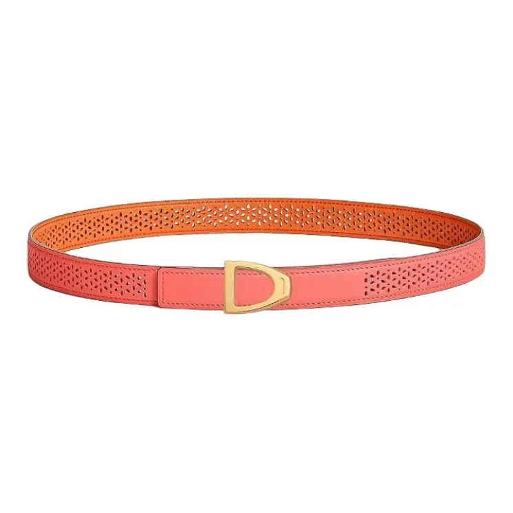 HERMES Calfskin, Metal, Rose Gold Plated Leather Belts Women's Orange 2.4CM-1