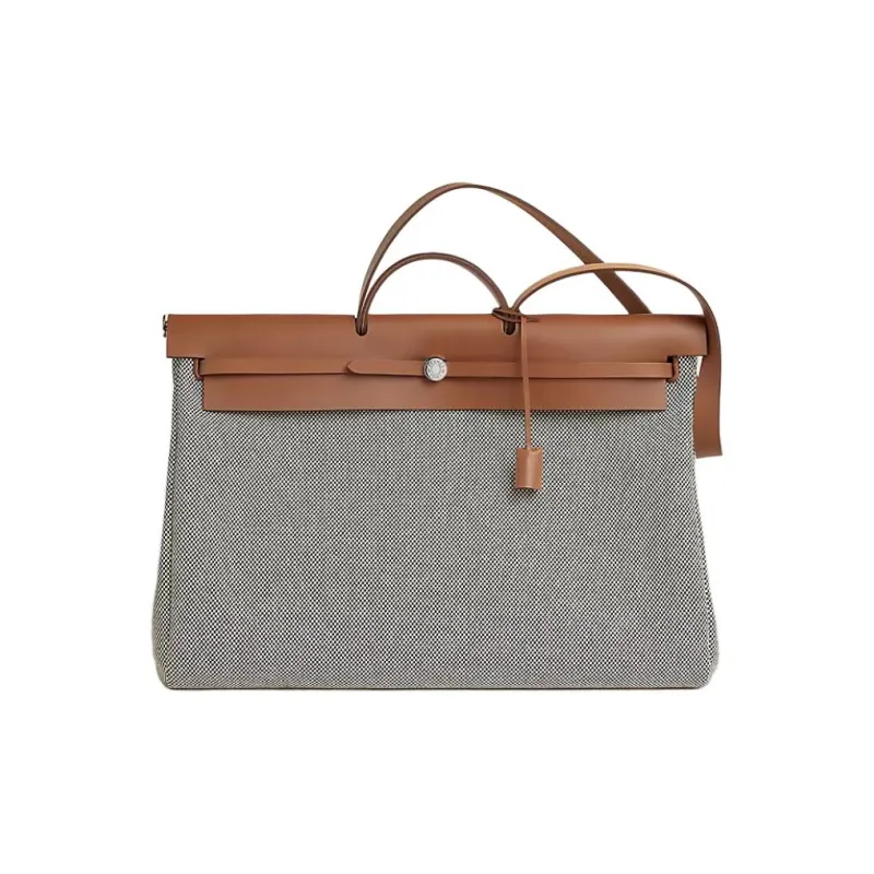HERMES Herbag Zip Canvas With Leather Handbag Women's Gray & Brown-0