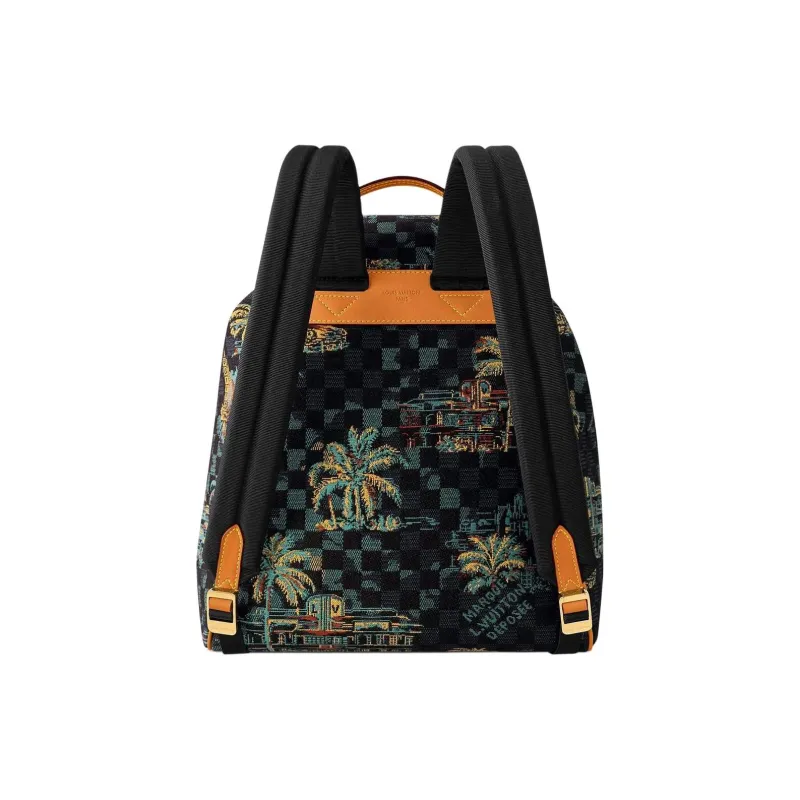 LOUIS VUITTON Montsouris Damier Palm Trees Jacquard Cotton Backpack Men's Deep Blue & Multicolor-2