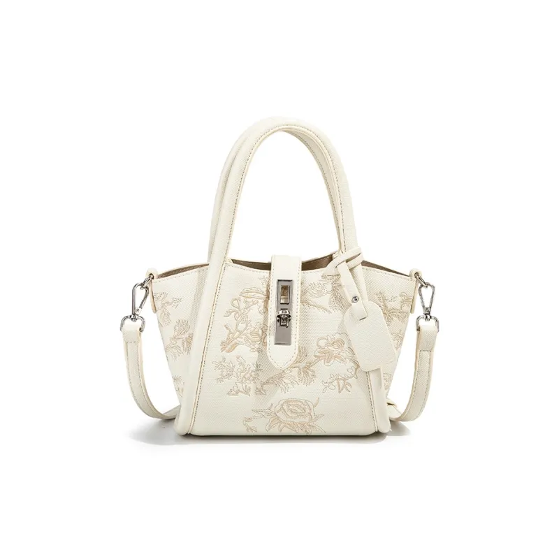CAEISL&KCIEL Polyurethane With Synthetic Leather Basket Bag Handbag Women's Embroidered White/White & Coffee-4