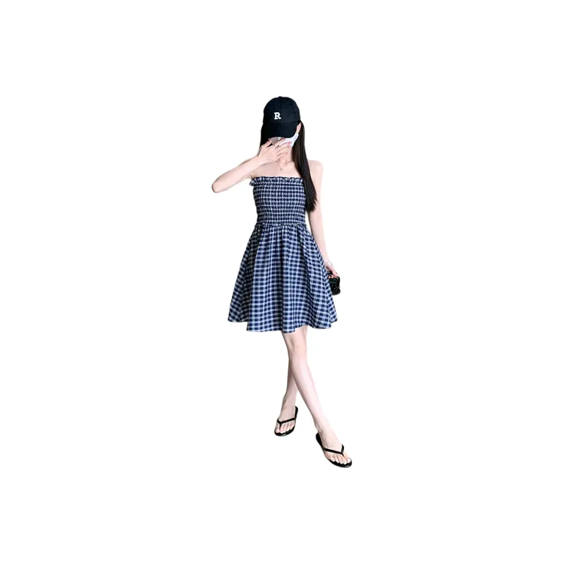 ONNFB Sleeveless Dresses Women's Blue Plaid-0