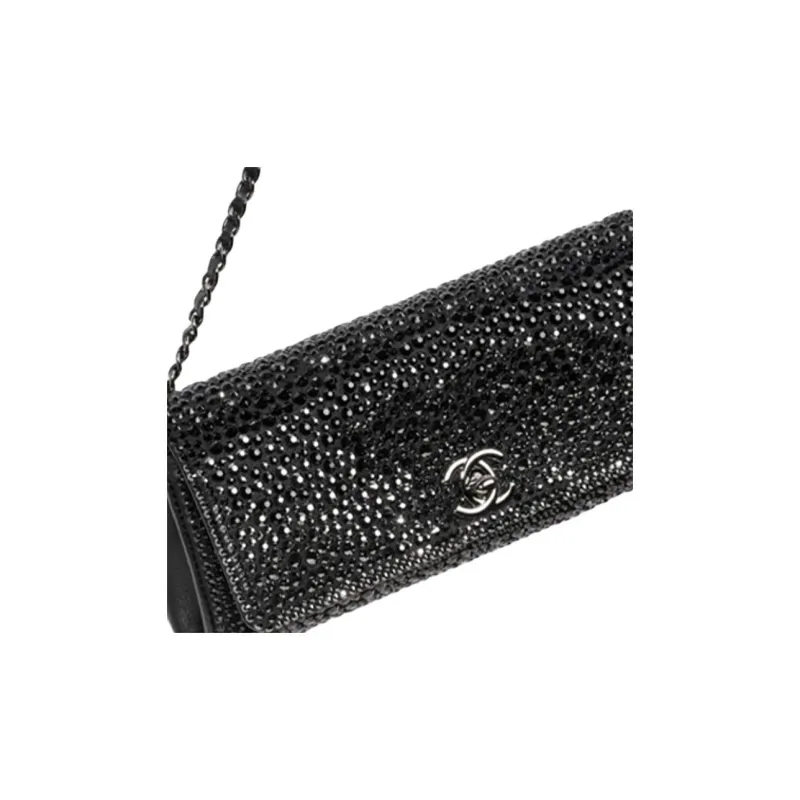 CHANEL Rhinestone Lambskin Coin Purse, Handheld Bag, Shoulder Bag, Crossbody Bag Women's Black-2