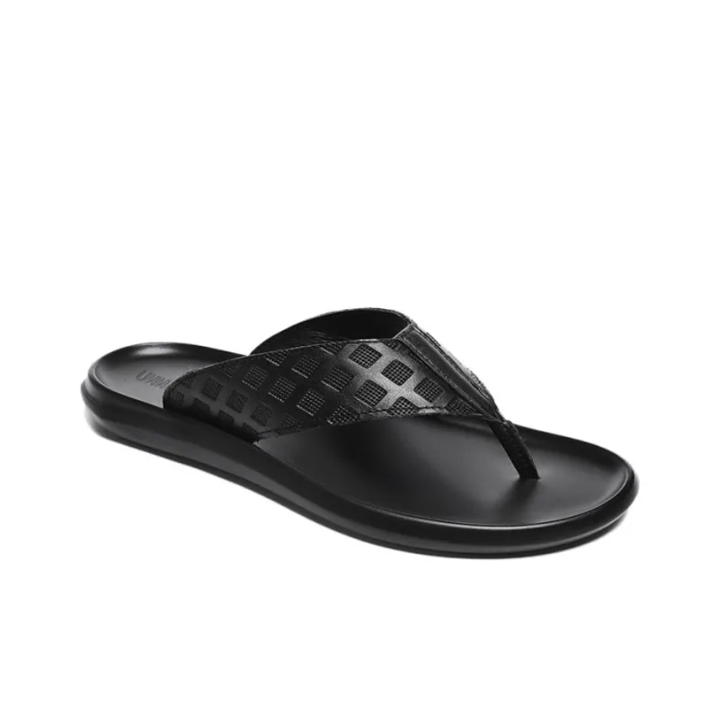 Dunnu Rubber Sole Leather Patchwork Quiet Flip Flops Men's Black Plaid-2