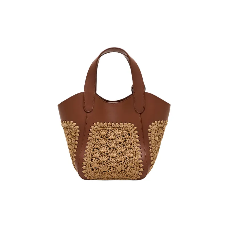 AMANI Fur And Hemp Rope Pinwheels Pattern With Cow Leather Handbag Trumpets Women's Khaki-2