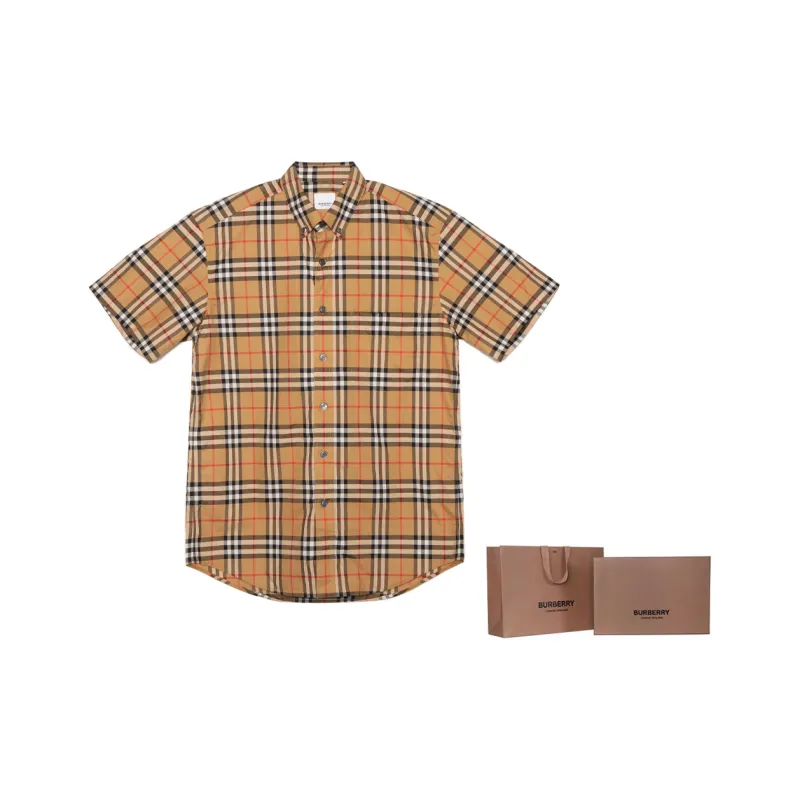 Burberry Men Plaid Patterns Short Sleeves Shirts Yellow-11