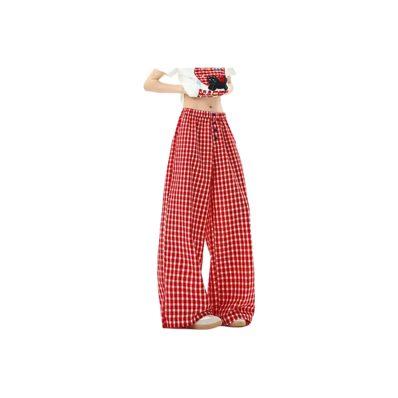 WOHOO Casual Pants Unisex Red Plaid-3