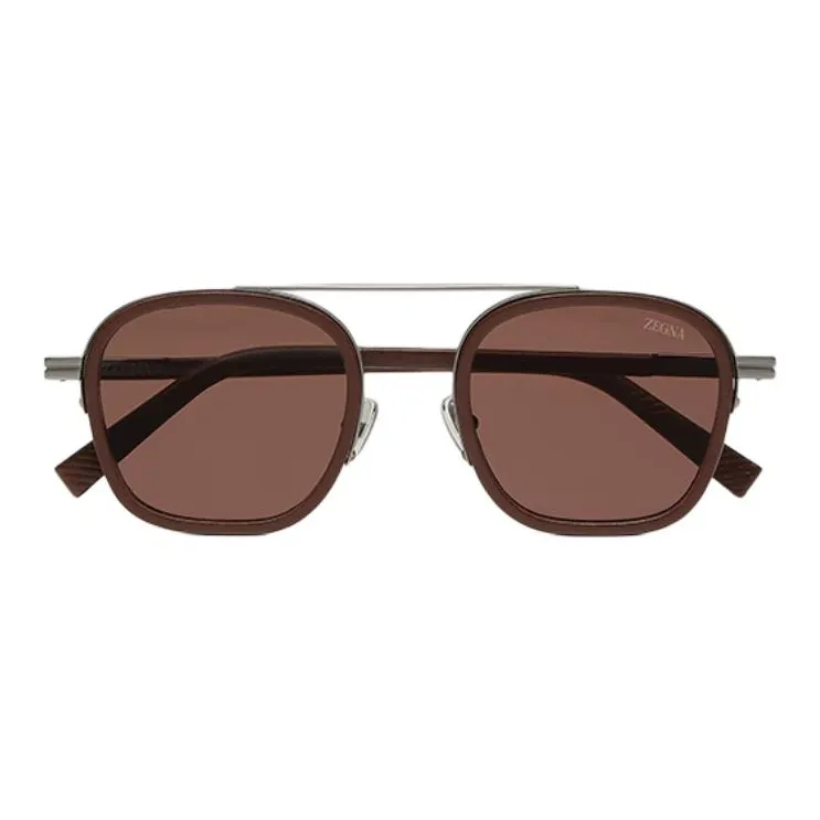 Zegna Metal Acetate Leather Oval Sunglasses Unisex Brown-1