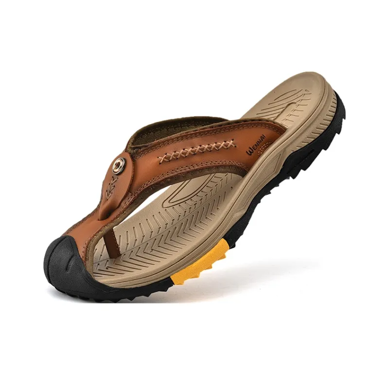 Wen Nai Rubber Sole Stitching Flip Flops Men's Brown-3