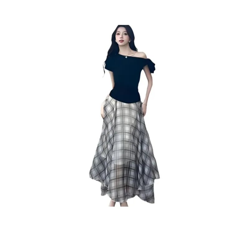 SNZX Casual Long Skirts Women's Plaid-0