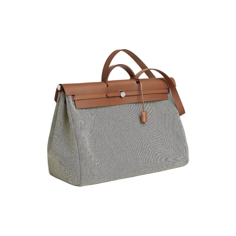 HERMES Herbag Zip Canvas With Leather Handbag Women's Gray & Brown-1