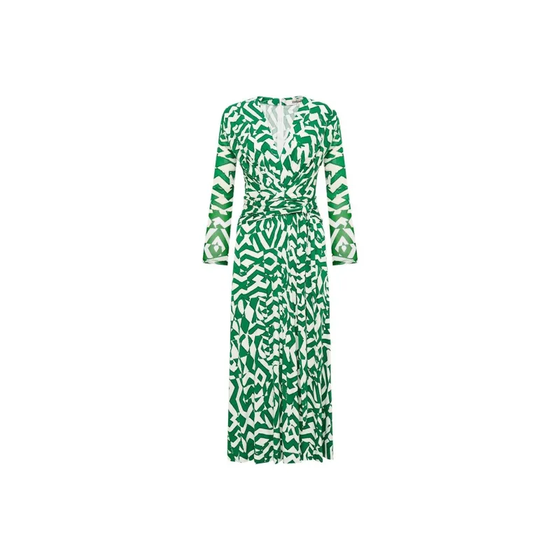 Diane Von Furstenberg SS25 Long Sleeved Dress Women's White Green-0
