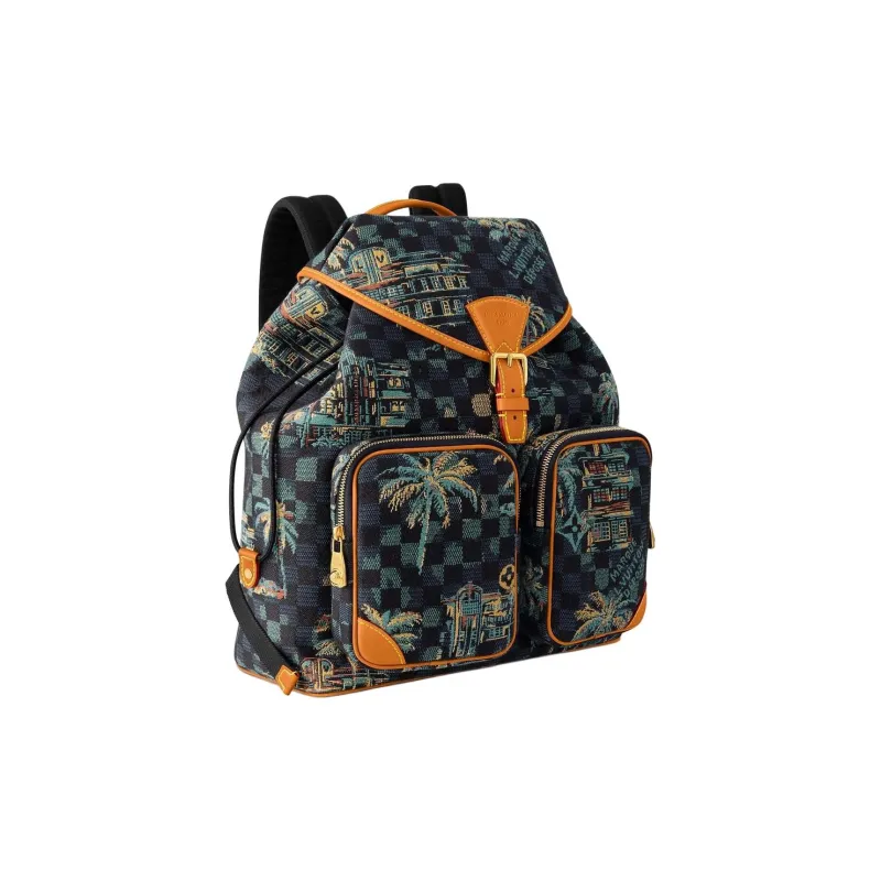 LOUIS VUITTON Montsouris Damier Palm Trees Jacquard Cotton Backpack Men's Deep Blue & Multicolor-1