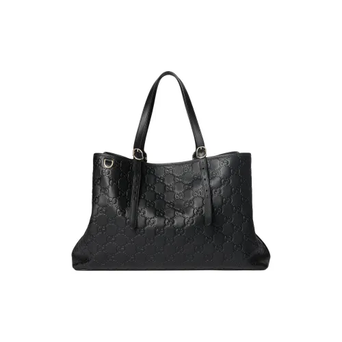 GUCCI GG Emblem Leather Tote Bag, Shopping Bag, Shoulder Bag Tubas Women's Black