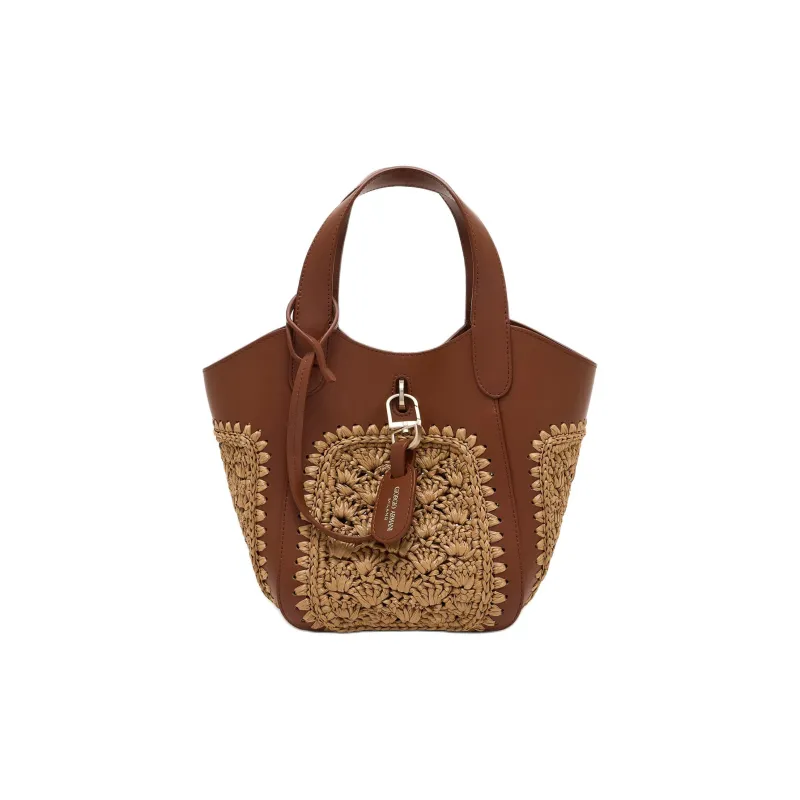 AMANI Fur And Hemp Rope Pinwheels Pattern With Cow Leather Handbag Trumpets Women's Khaki-0