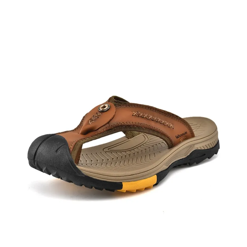 Wen Nai Rubber Sole Stitching Flip Flops Men's Brown-1
