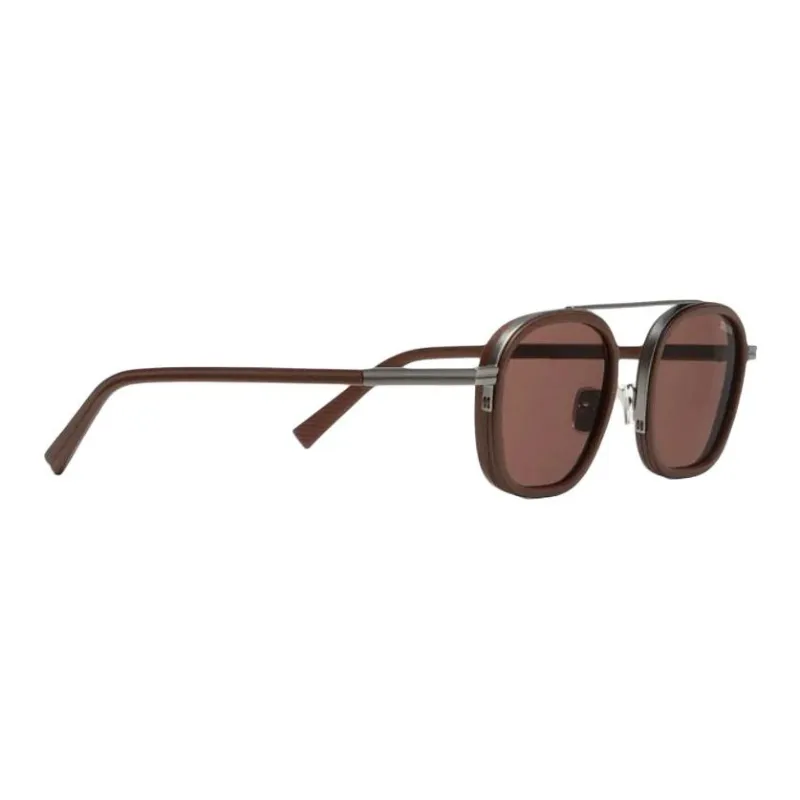 Zegna Metal Acetate Leather Oval Sunglasses Unisex Brown-2