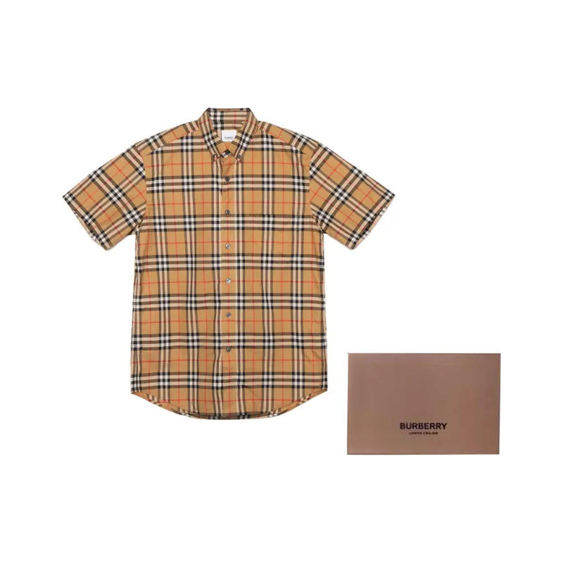Burberry Men Plaid Patterns Short Sleeves Shirts Yellow-10