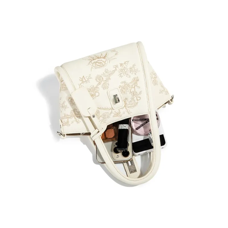 CAEISL&KCIEL Polyurethane With Synthetic Leather Basket Bag Handbag Women's Embroidered White/White & Coffee-8