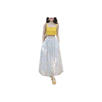 Wbwq Casual Long Skirts Women's White Base Multicolor Dots