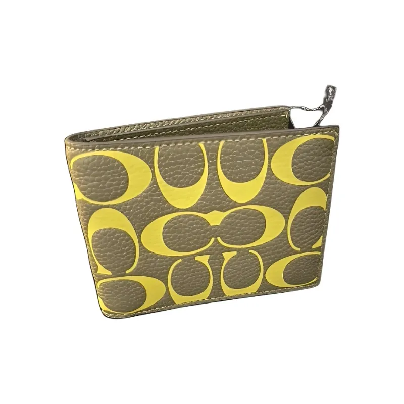 COACH Billfold Wallet Leather Wallet Mini Unisex Army Green With Lime Accents-2