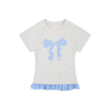 RTTO T Shirts Women's Gray Patchwork Blue White Plaid