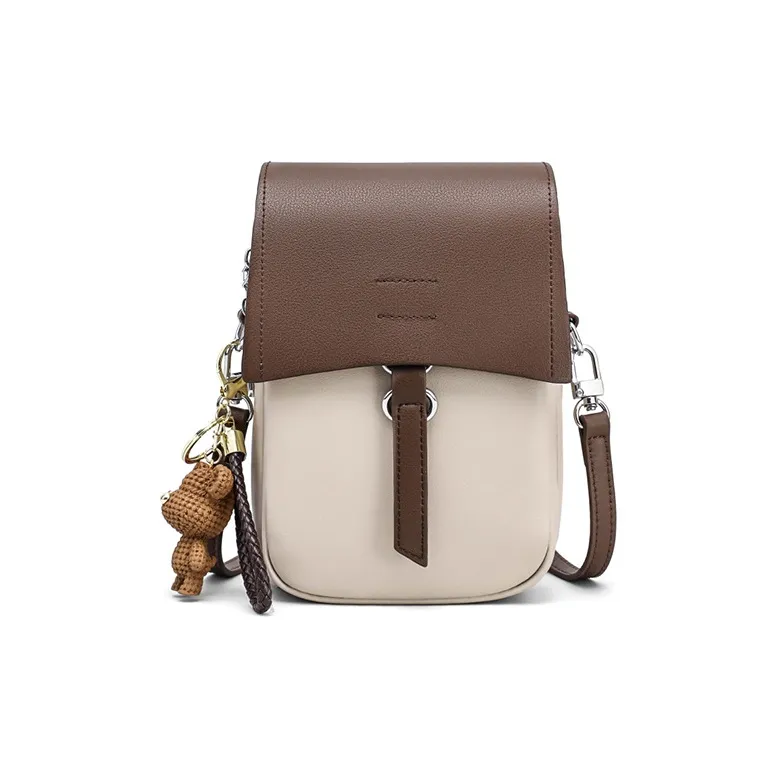 CNNCOO Cow Leather Cell Phone Pouch Women's White & Coffee-5