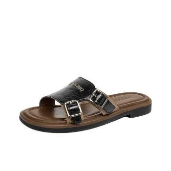 GEMEIQ Rubber Sole Leather Patchwork Slip Resistant Slide Slippers Women's