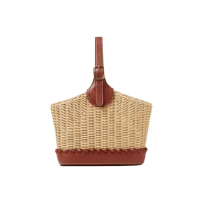 Loro Piana Wicker Bucket Bag Handbag Women's Malt & Red Brown-0