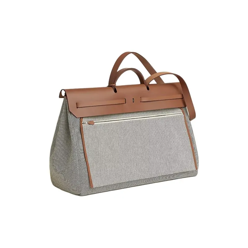 HERMES Herbag Zip Canvas With Leather Handbag Women's Gray & Brown-2