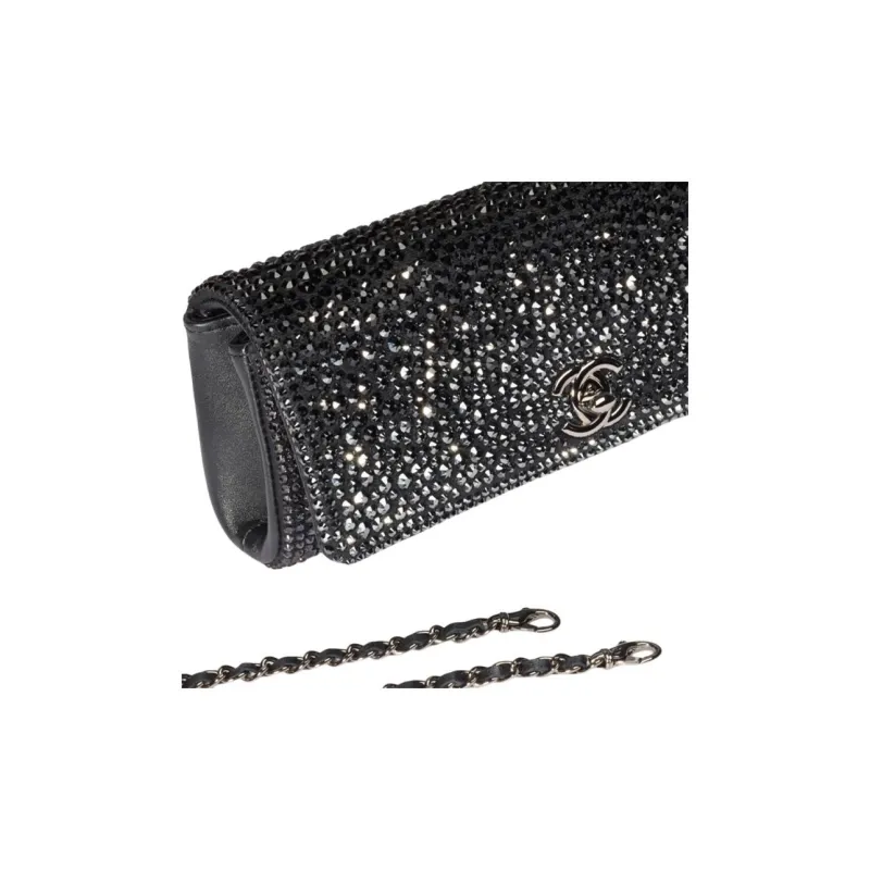 CHANEL Rhinestone Lambskin Coin Purse, Handheld Bag, Shoulder Bag, Crossbody Bag Women's Black-3