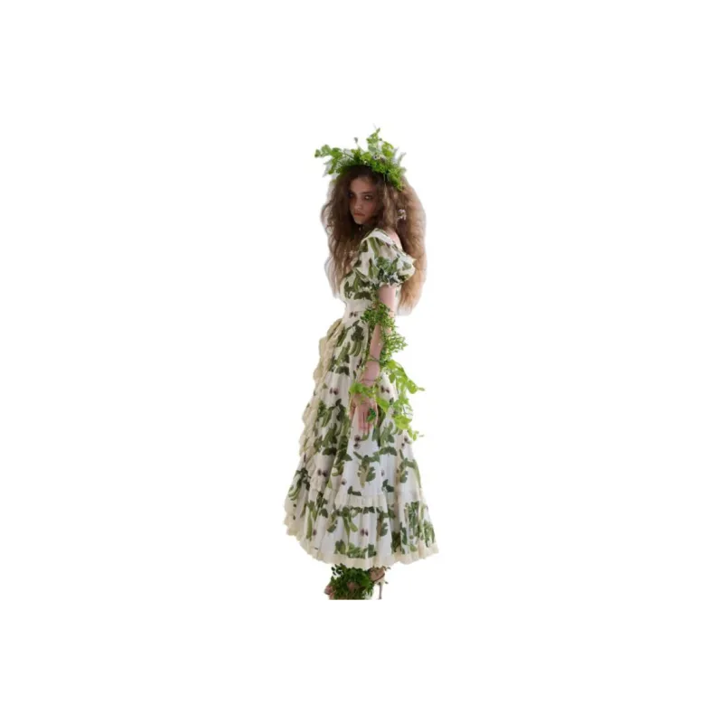 Selkie Collection SS25 Short Sleeved Dress Women's Ivory White Base With Magic Bean Print-6