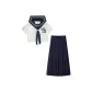 Short-Sleeved New White Three-Button Sailor Suit Top+Dark Blue Pleated Long Skirt+JK Badge