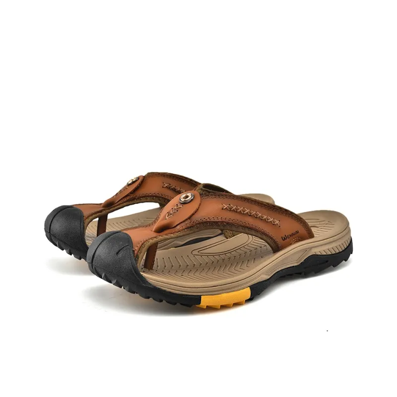 Wen Nai Rubber Sole Stitching Flip Flops Men's Brown-2